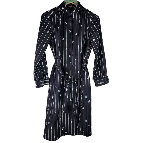 Raoul Striped Geo 80's Style Collared Long Sleeve Light Weight Midi Belted Dress - Picture 1 of 10